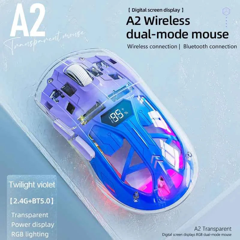 FREEWOLF A2 Transparent Wireless RGB Mouse, Bluetooth Dual-mode Connection