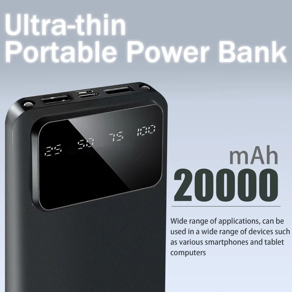 20000mAh Large Capacity Power Bank, 5V 2.1A Portable USB Charger with LED Digital Display, Dual USB Output Ports, Type-C & Micro Dual Inputs, Safe Stable Lithium Polymer Battery, Compatible with iOS & Android Devices