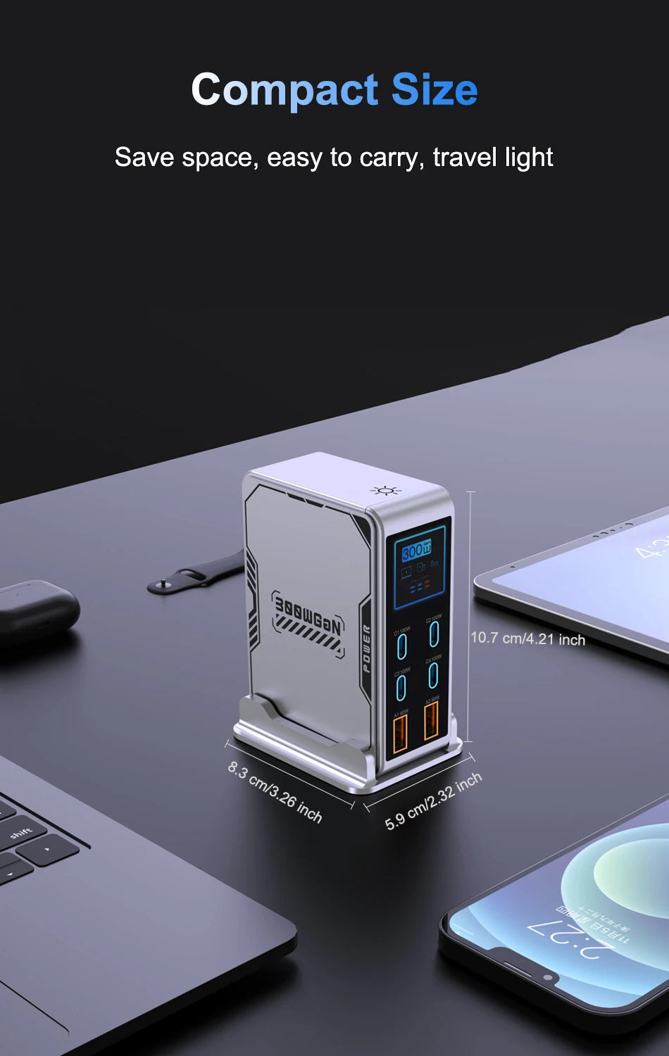 300W USB C Charger,6 Ports USB Charging Station,GaN 100W PD Laptop Fast Charger Adapter Desktop Charger Station with LCD Display for MacBook iPad iPhone Samsung