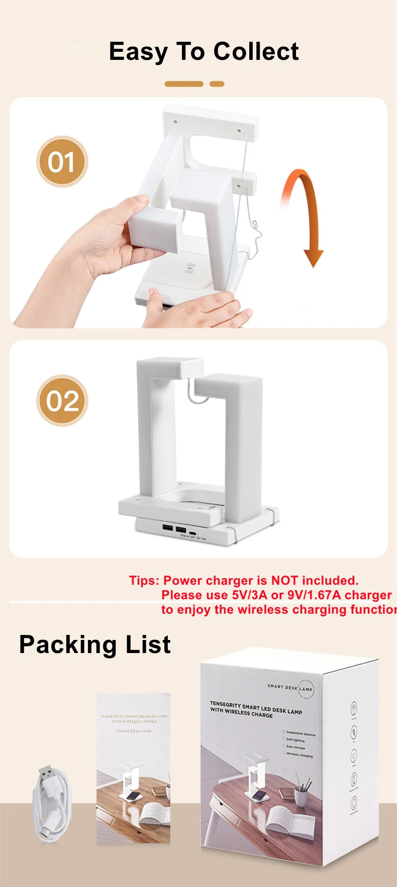 Floating Desk Lamp With Wireless Charger, USB Output Charging Port, Charging Dock Station For iPhone, Bedside Lamp Table Lamp