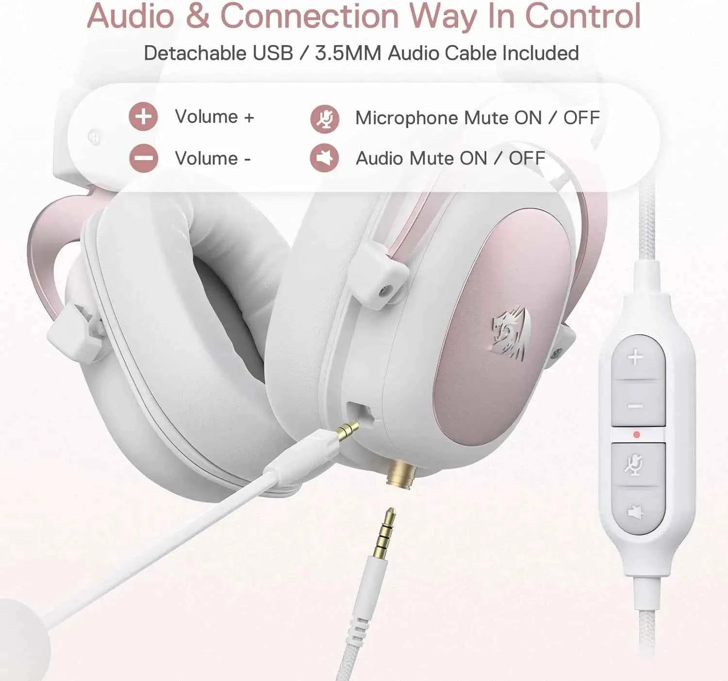 Redragon H510 Zeus White Wired Gaming Headset - 7.1 Surround Sound Memory Foam Ear Pads 53MM Drivers