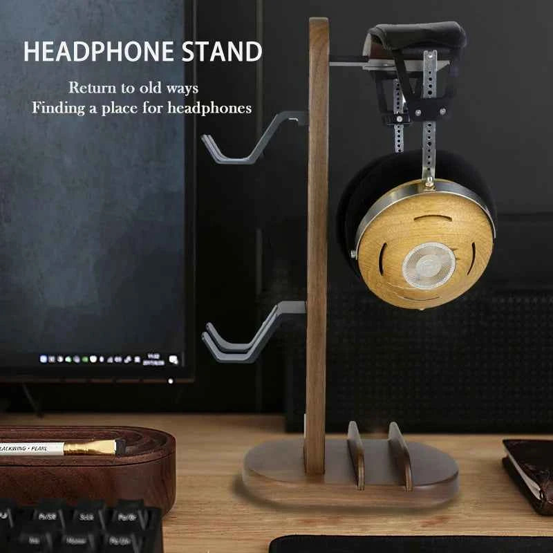 Hellodigi Headphone Stand Walnut Wood Headset Stand PS5 Controller Rack Headphone holder Aluminum Alloy Support Headset Holder