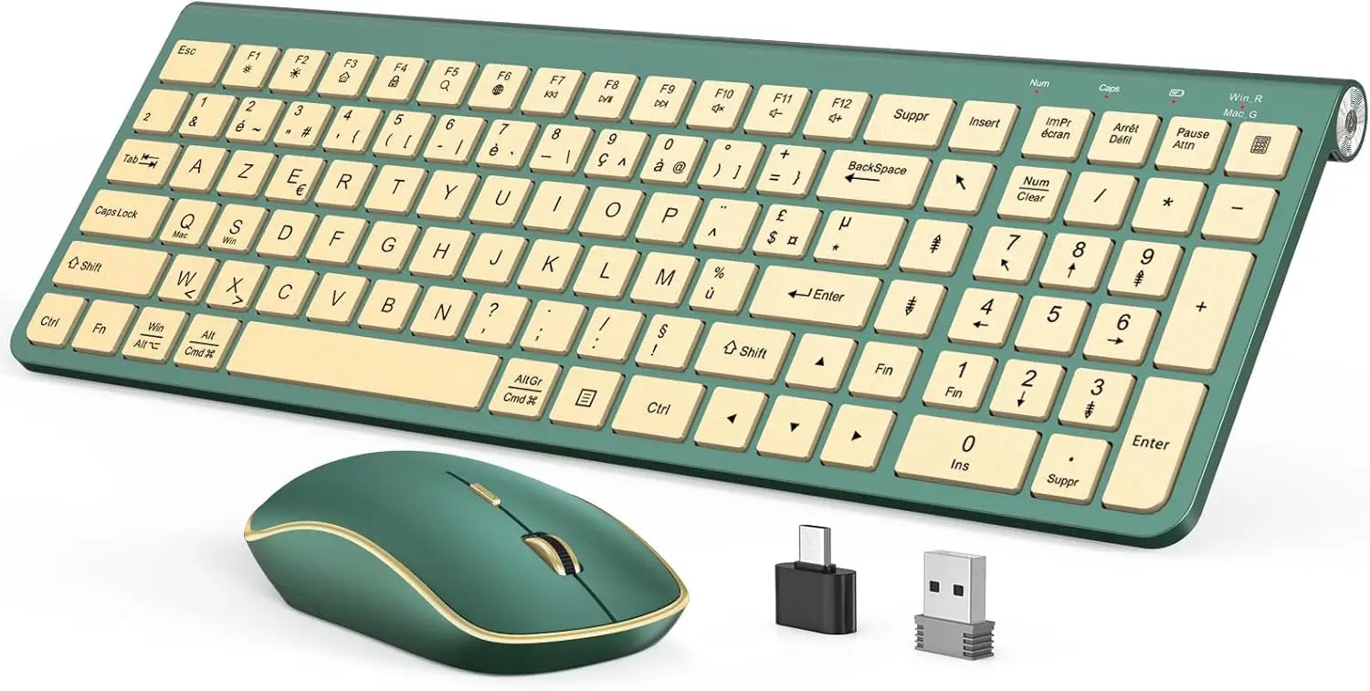 Ergonomic wireless keyboard and mouse, ultra-thin and compact design French AZERTY/ American QWERTY quiet,USB-A and USB-C ports.