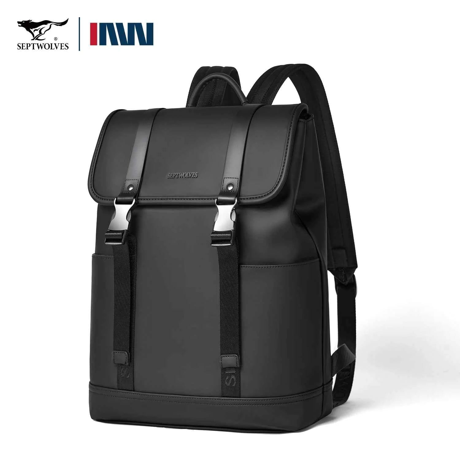 Septwolves Black Men Black Leather Backpack PU Large Capacity Best  Laptop Computer Backpack 15 Inch Travel Backpack Daily Use