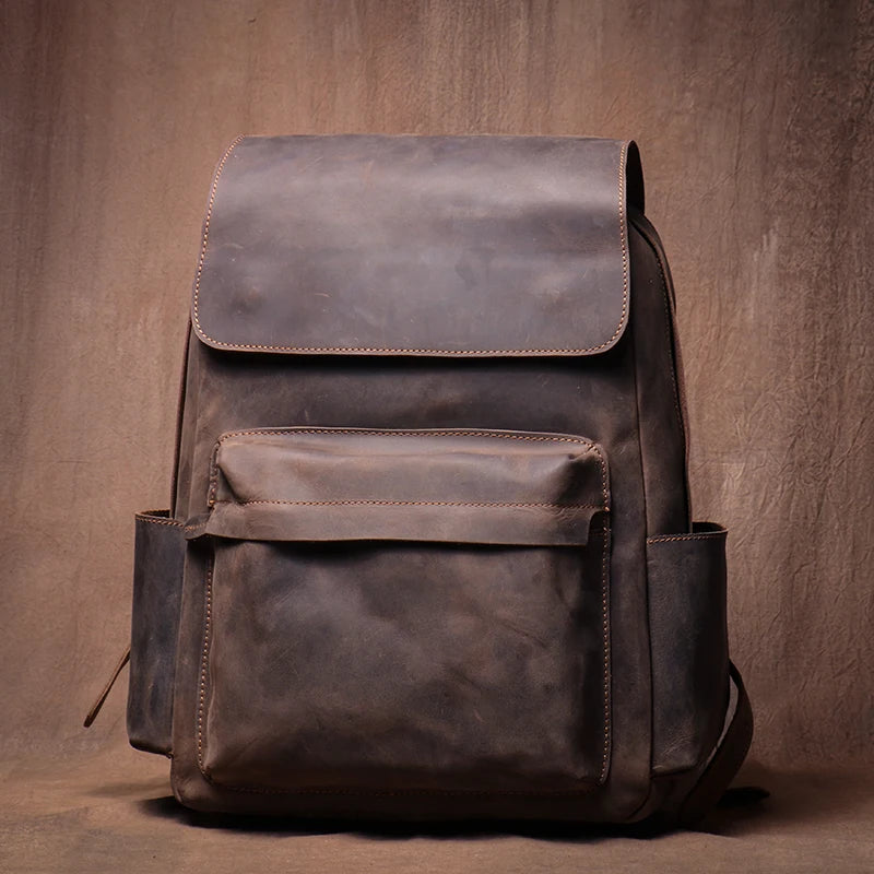 LUOKIR Genuine Leather Laptop Backpack 15 Inch – Vintage Crazy Horse Cowhide Business Travel Backpack for Men, Luxury School Computer Bag
