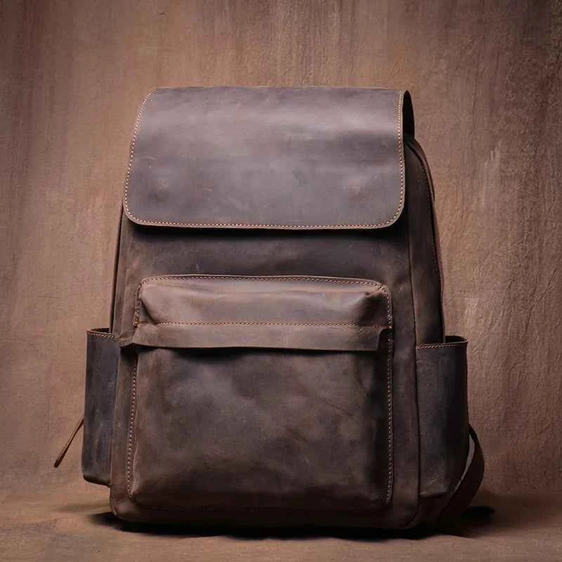 LUOKIR Genuine Leather Laptop Backpack 15 Inch – Vintage Crazy Horse Cowhide Business Travel Backpack for Men, Luxury School Computer Bag