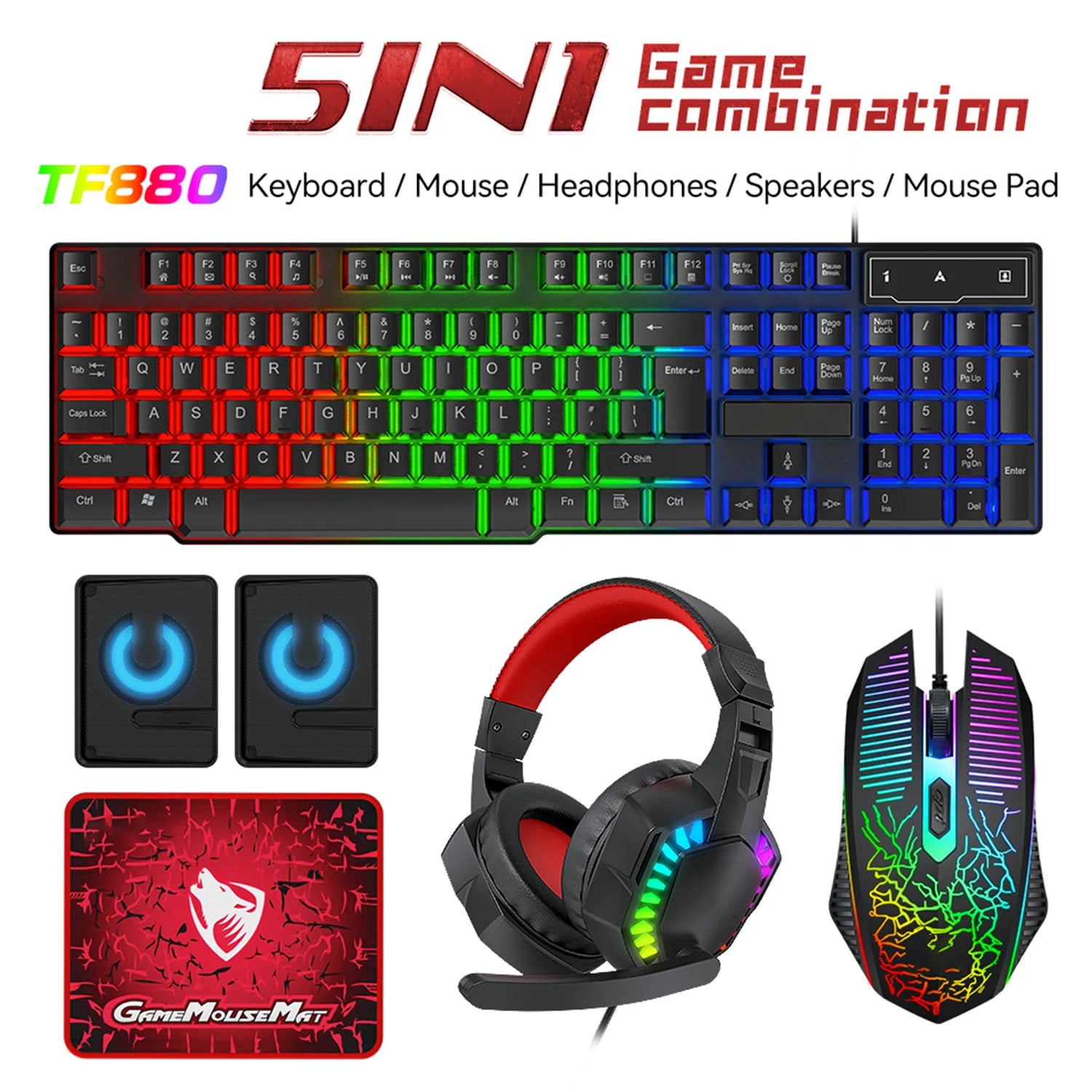 5-in-1 Set Gaming Combo Keyboard 4-color Breathing Light Mouse 3.5mm Gaming Headset Gaming Speaker Anti-slip Mouse Pad NEW HOT