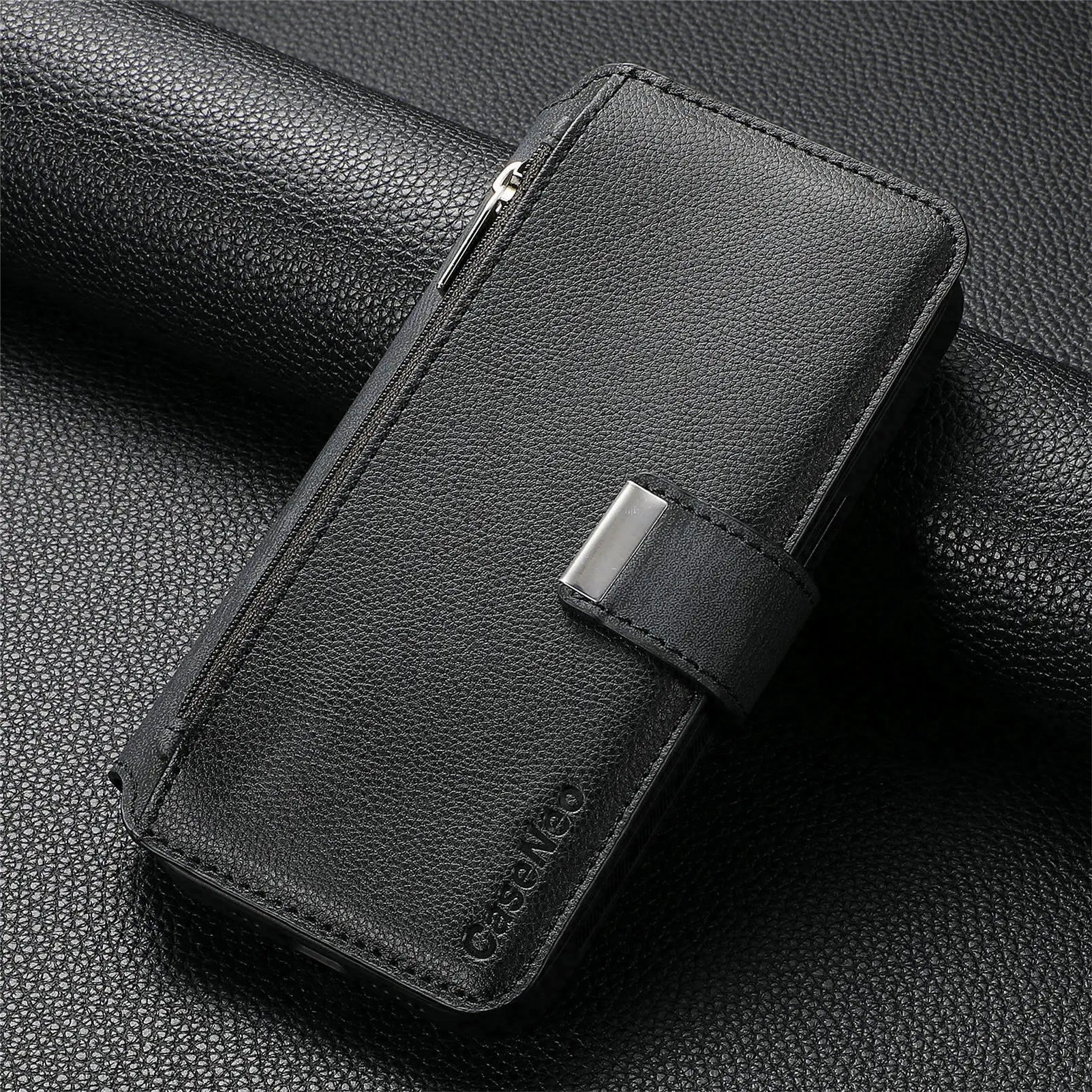 For iPhone 15 14 13 12 11 XS Max XR 8 7 6 Plus Wallet Case, Zipper Storage Design, Detachable Magnetic Flip Folio Cover