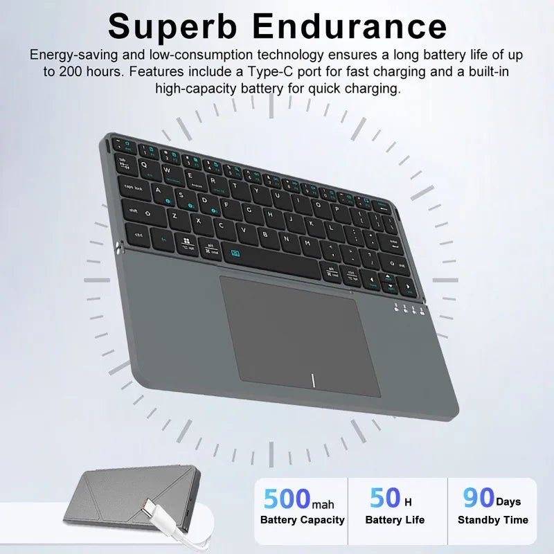 Multi-functional Wireless Bluetooth 5.0 Folding Keyboard for Tablet/Phone/PC Detachable Leather Stand Touch Portable Keyboard
