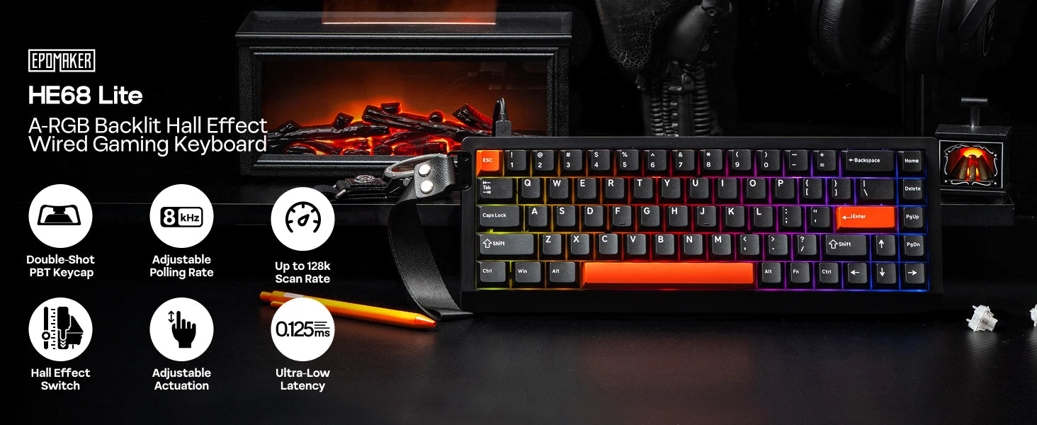 EPOMAKER HE68 Lite 65% Layout Tray-Mounted Wired Hall Effect NKRO Magnetic Keyboard DKS SOCD 8kHZ Polling Adjustable Actuation