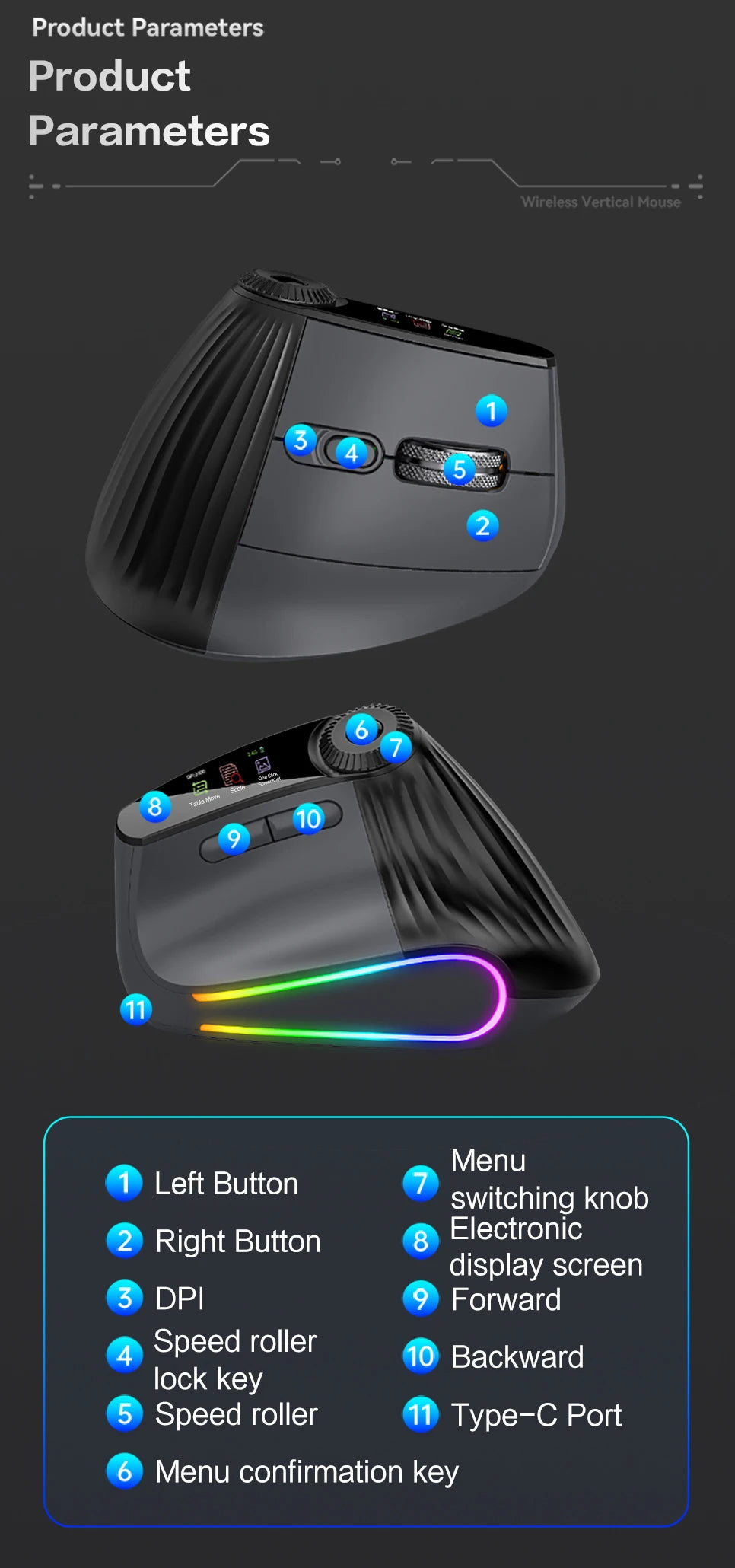 JOMAA Backlit Bluetooth Wireless Vertical Mouse With OLED Screen Rechargeable USB Wired Gaming Mouse 24000DPI Speed Roller