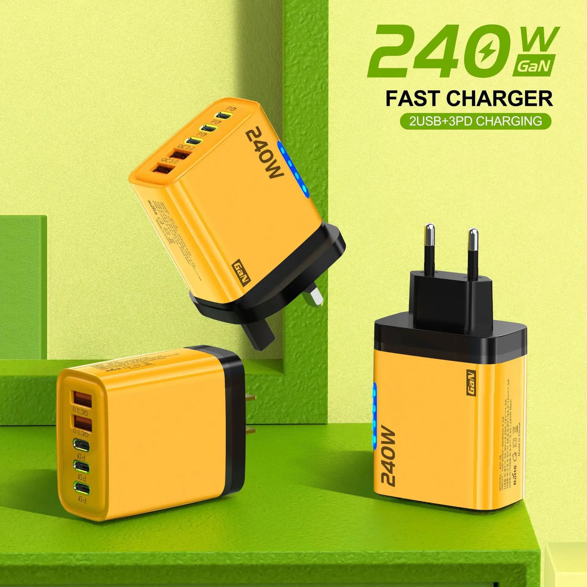 5 IN 1 GaN Desktop Charger For iPhone17 16Pro Laptop Samsung 240W Fast Charging Adapter 10A USB To Type-C Cable 3PD 2USB Charger