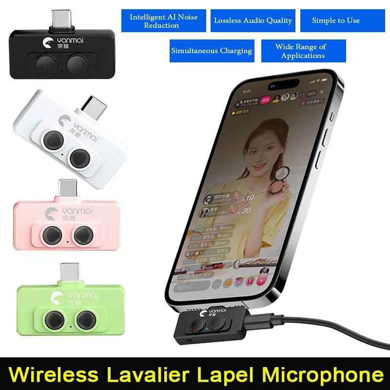 Portable Wireless Lavalier Lapel Microphone Dual-Microphone Plug and Play Mobile Phone Mic AI Noise Reduction for Vlog Live