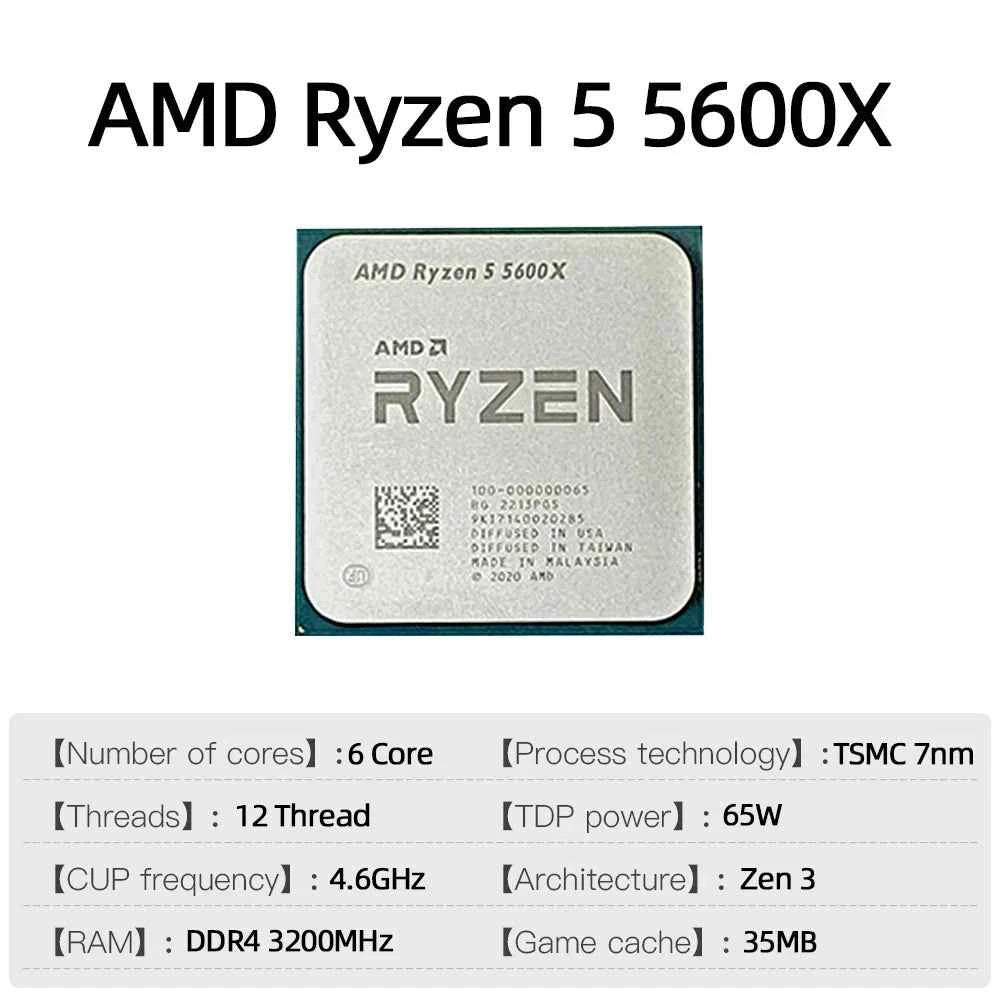AMD Ryzen 5 5600X Processor 4.6GHz 6-Core 12-Thread 35MB Game Cache 7NM TDP 65W Socket AM4 Desktop CPU for PC Gamer