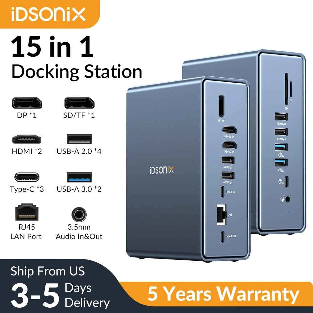 iDsonix Type C USB 3.0 HUB 15 in 1 Docking Station Multiport Adapter with HDMI 4K@60Hz PD100W Gigabit Ethernet SD/TF Card Reader