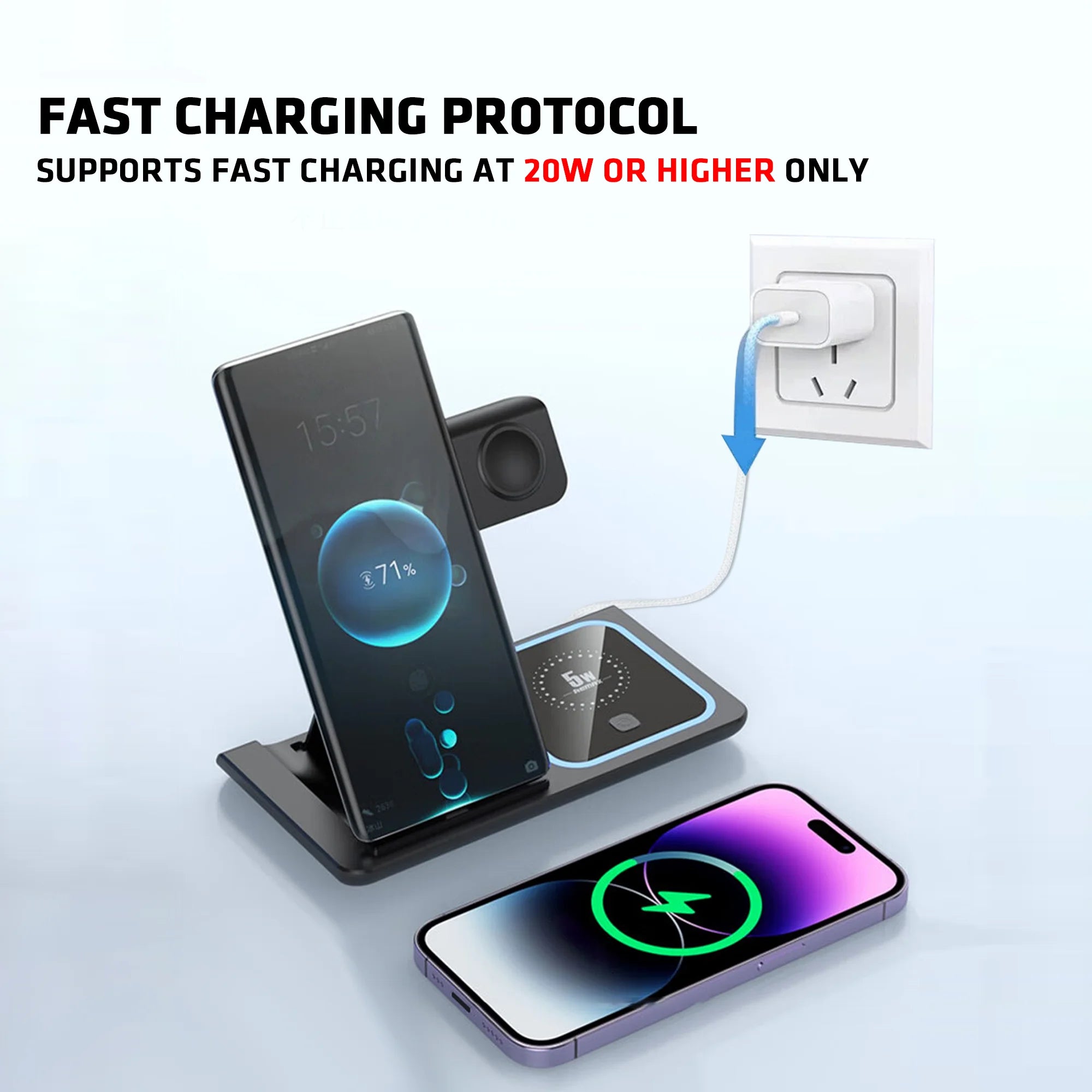 3-In-1 Foldable Wireless Charging Stand 15W/10W/7.5W/5W Multi Device Fast Wireless Charger for Smartphone Smart Watch Earphones