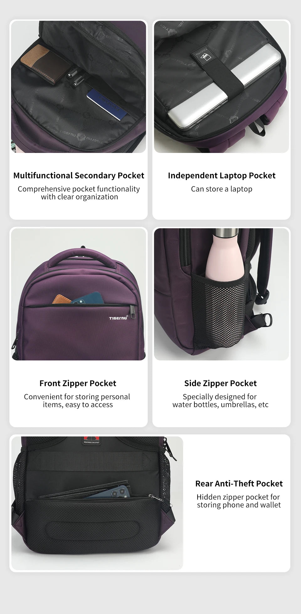 Tigernu Women’s Anti-Theft Laptop Backpack 15.6 Inch – Waterproof Travel & School Backpack for Women, Stylish Purple Laptop Bag