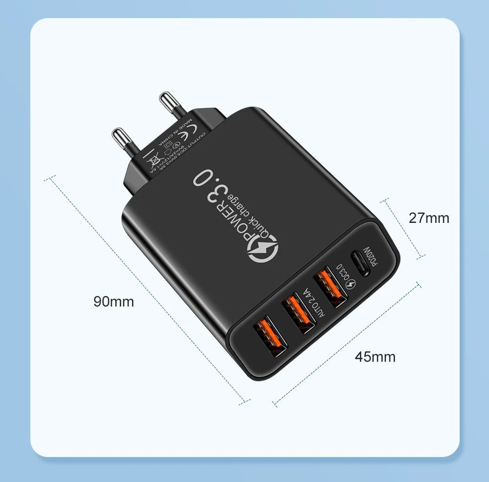 Total 20W Multi Port Wall Charger USB PD Adapter For Xiaomi iPhone 13 12 for Samsung Mobile Phone Plug Charging