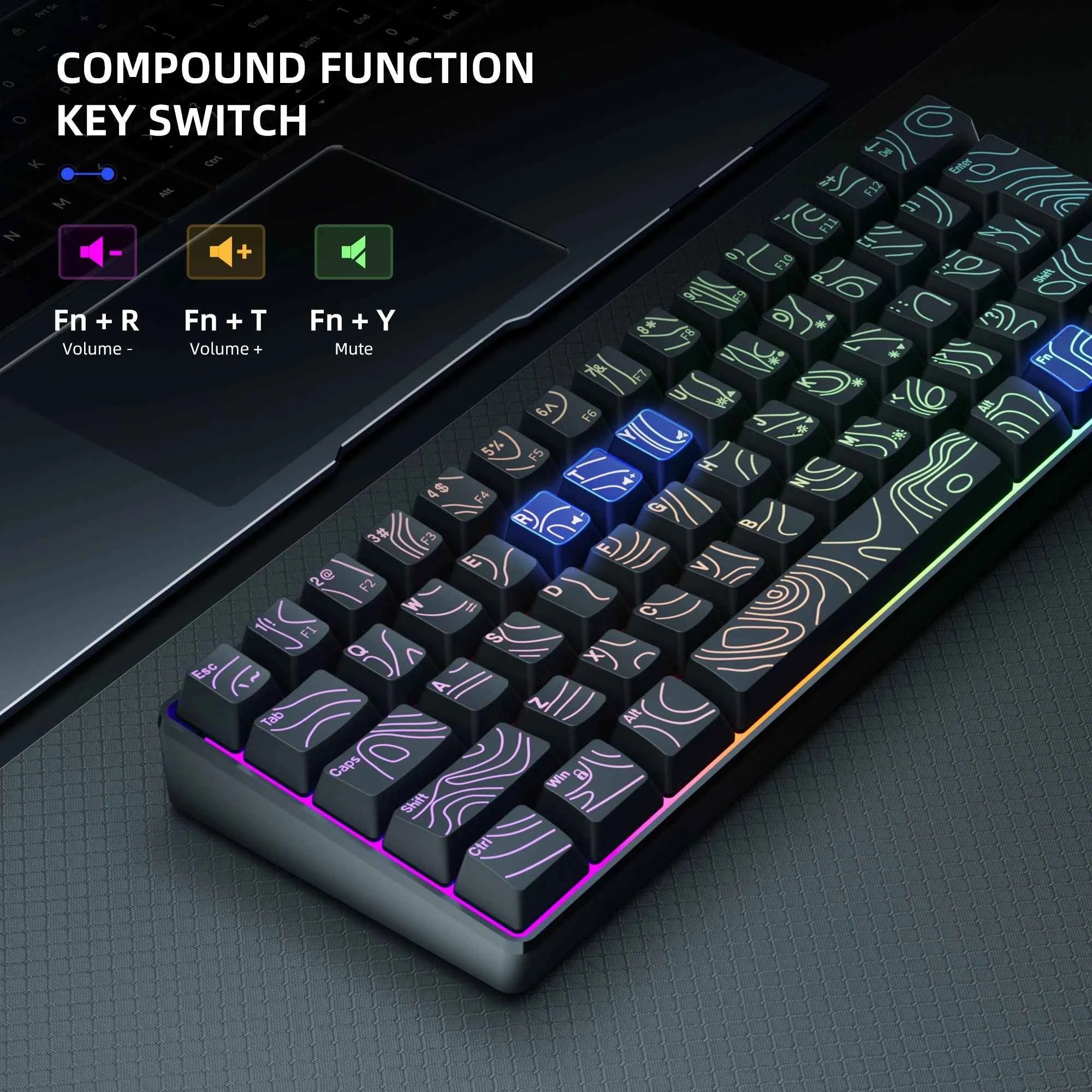 60% Compact Wired Keyboard with RGB Backlight and Membrane Keyswitches. Suitable for Windows tablets, laptops and gamers. Black.