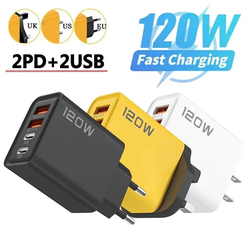 4 Ports 120W Charger USB C PD Quick Charge 3.0 Type C USB Phone Chargers Fast Charging Adapter For iPhone Samsung Xiaomi Huawei