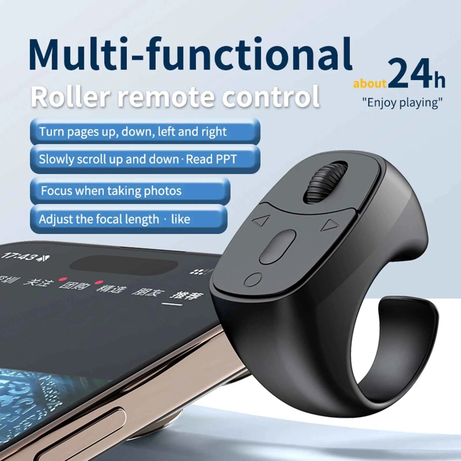 Wireless Fingertip Ring Bluetooth 5.3 Remote Control 10M Range for Selfie/Camera Zoom/E-book Page Turning/Video Music Switch