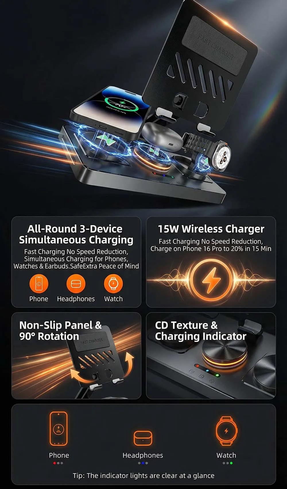 5-in-1 Wireless Charging Station 60W Fast Charger – Foldable Magnetic Stand Dock for iPhone, Apple Watch & AirPods, Desktop Tablet Holder.