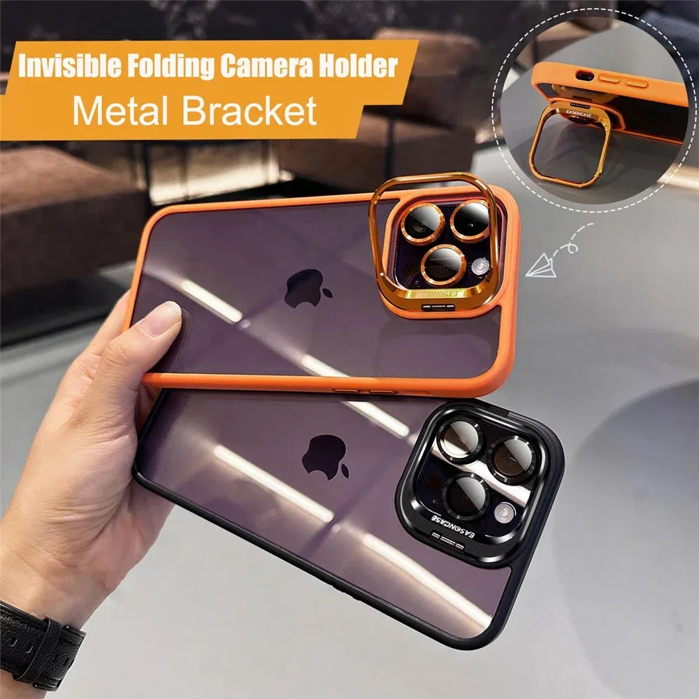 Lens Metal Ring Protector Stand Case For iPhone 15 16 14 13 12 11 Pro Max 16 Plus Camera Glass Protection Transparent Back Cover