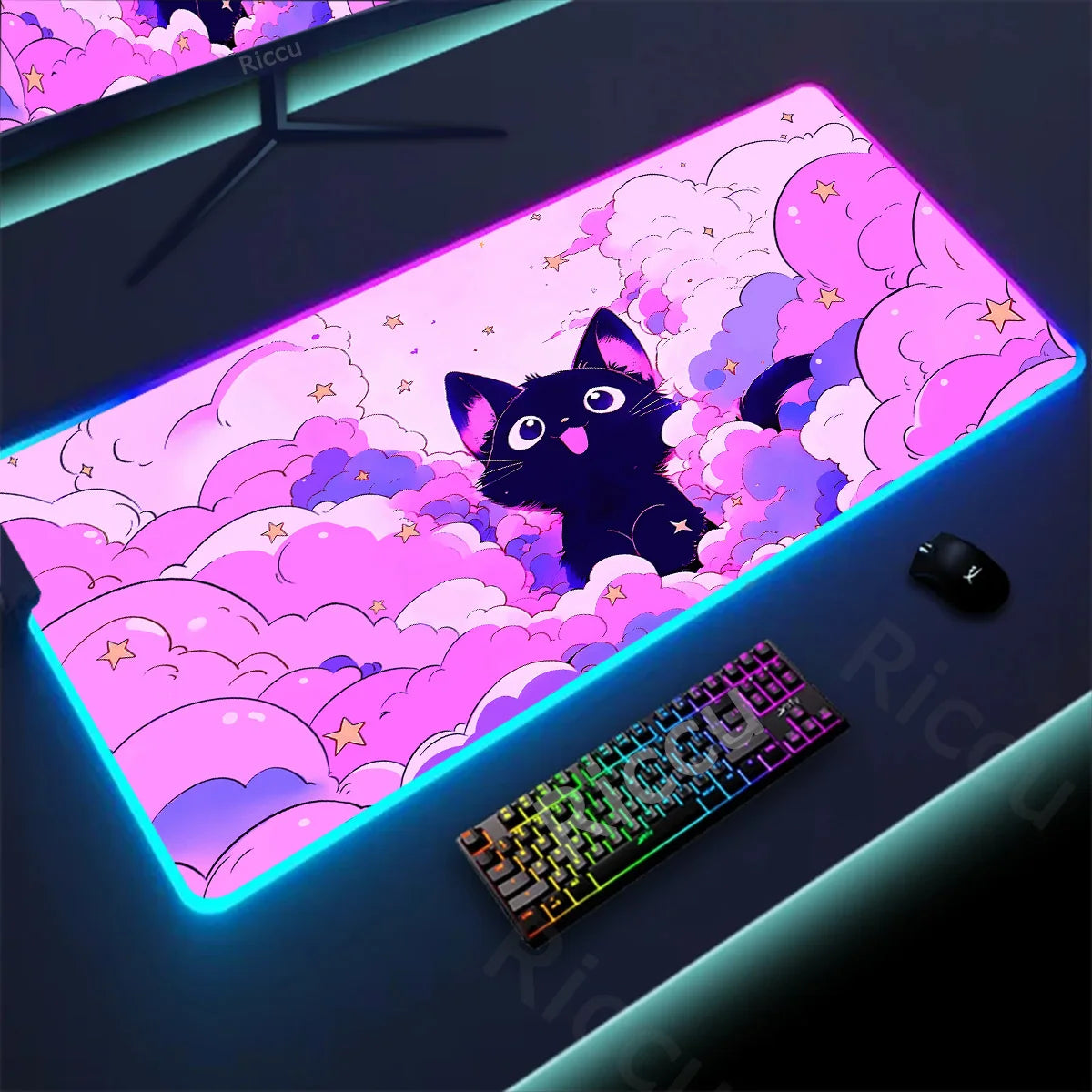 RGB Mousepad Pink Cloud Cat Cartoon Deskmat LED Backlight Gaming Keyboard Rug Computer Office Accessories Kawaii Anime Mouse Pad - WinSupport Tech