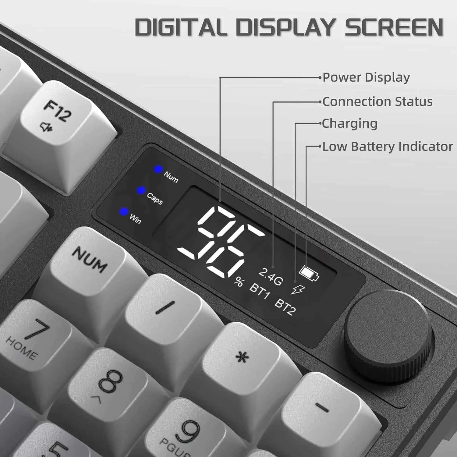 M96 Wireless Gaming Keyboard Creamy Membrane with Rainbow Backlight,Media Knob,LCD Screen,Dual Mode-Bluetooth/2.4Ghz,Ball Shape