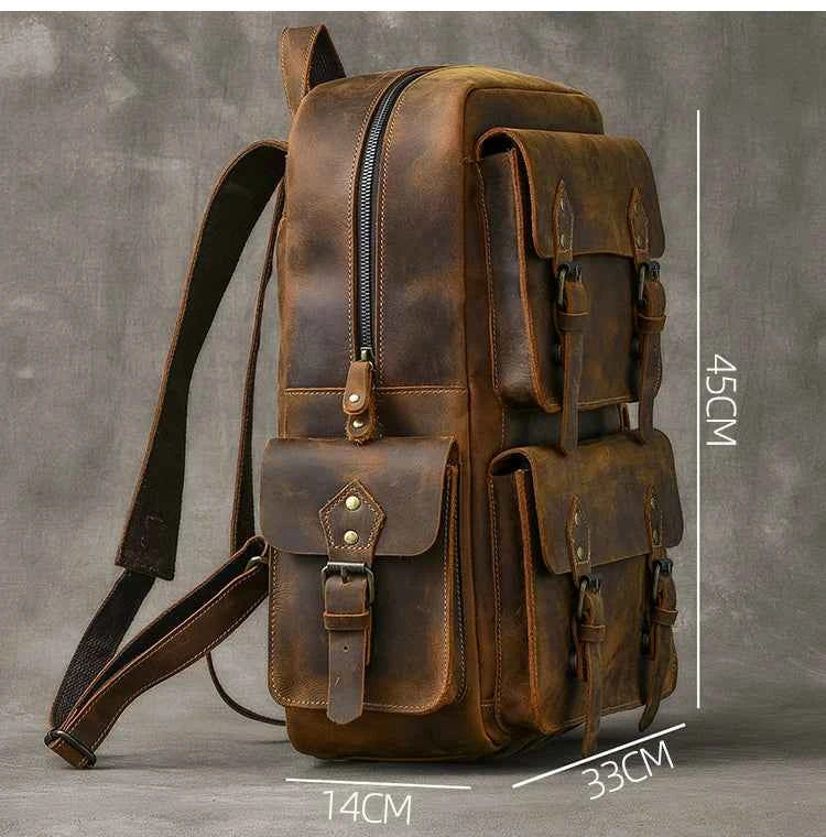 Vintage Crazy Horse Genuine Leather Backpack Men Bagpack Cowhide Hiking Backpack 17