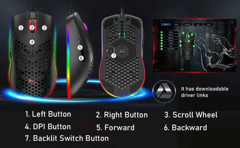 LED Backlit Wired Mechanical Keyboard Brown Switch&RGB 6400 DPI Lightweight Gaming Mouse with Honeycomb Shell 3 in 1 Set
