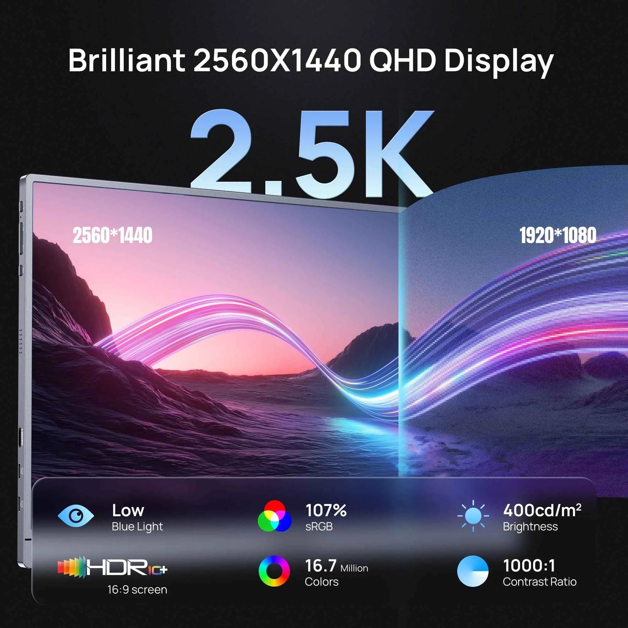 ARZOPA 16.1inch 2.5K 180Hz 100%sRGB Portable Gaming Monitor HDR10 External Second Display Screen Z3FC Grey with Bag