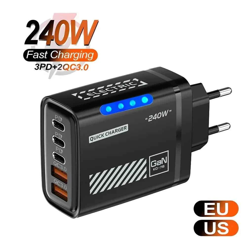 5 Port GaN Fast Charger 240W USB C PD Charger QC 3.0 Wall Adapter for iPhone Samsung Xiaomi Huawei Fast Charging EU US Plug LED