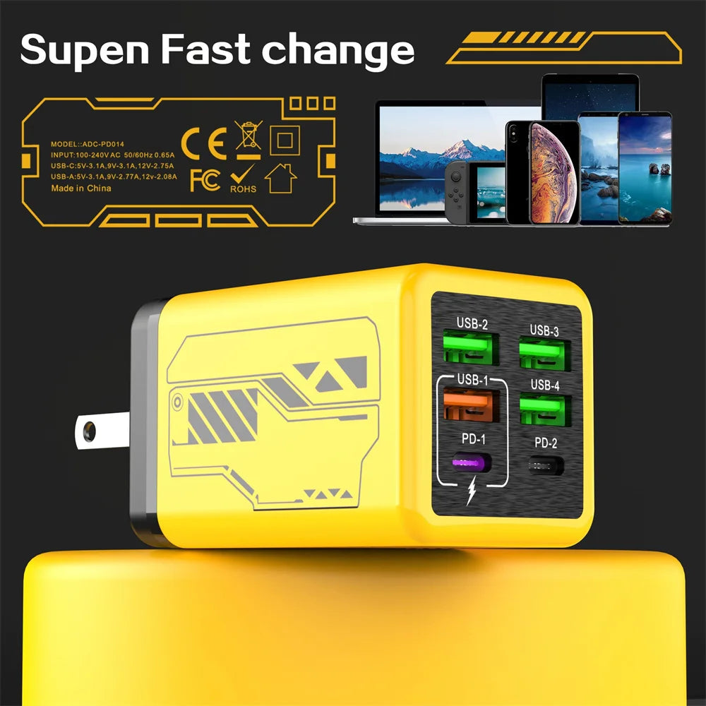 240W 6 Ports USB Charger PD Fast Charging Charger Wall Adapter for iPhone Samsung Xiaomi EU/US/UK Plug Charger Quick Charge 3.0