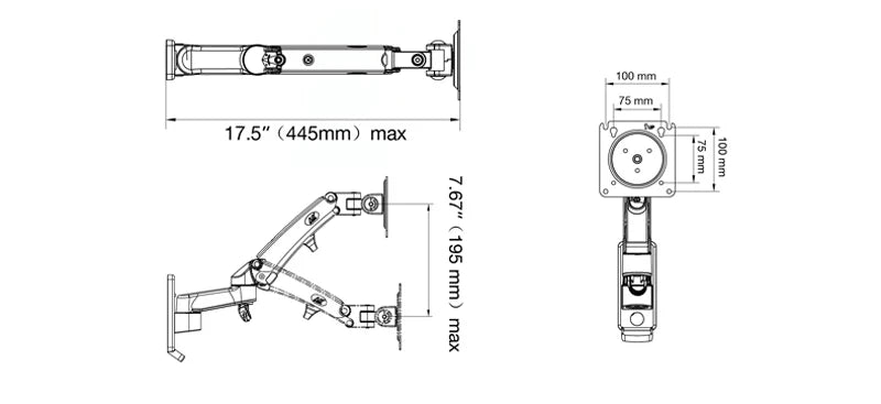 NB F150 Aluminum Gas Spring 3-12kg 100x100 75x75 17'-35' TV Monitor Wall Mount Screen Air Press Wall Bracket Holder Tilt Swivel