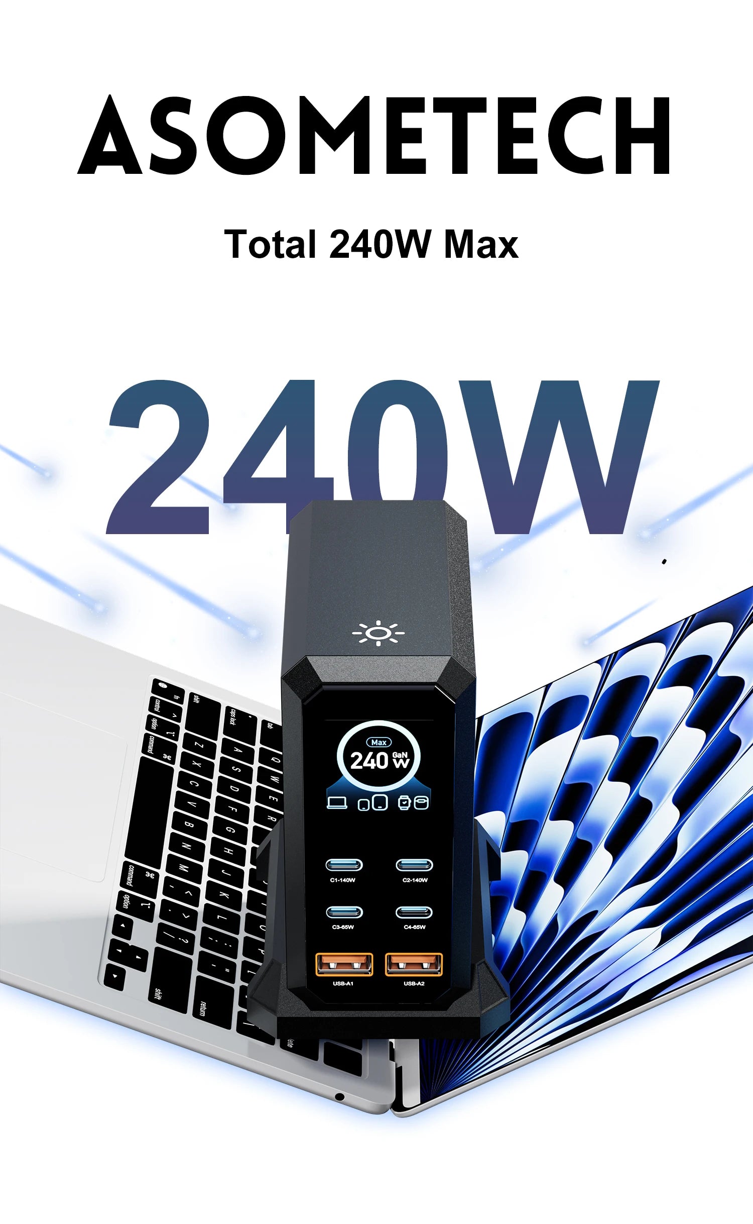 ASOMETECH 240W GaN Charger 140W PD3.1 PPS USB Type C Digital Display Fast Charging Station for iPhone 17 MacBook Laptops Samsung