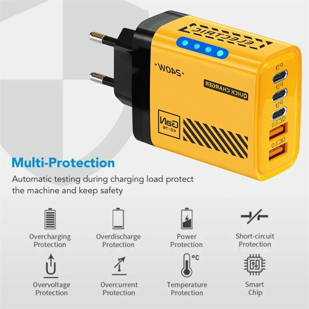 5 Port GaN Fast Charger 240W USB C PD Charger QC 3.0 Wall Adapter for iPhone Samsung Xiaomi Huawei Fast Charging EU US Plug LED