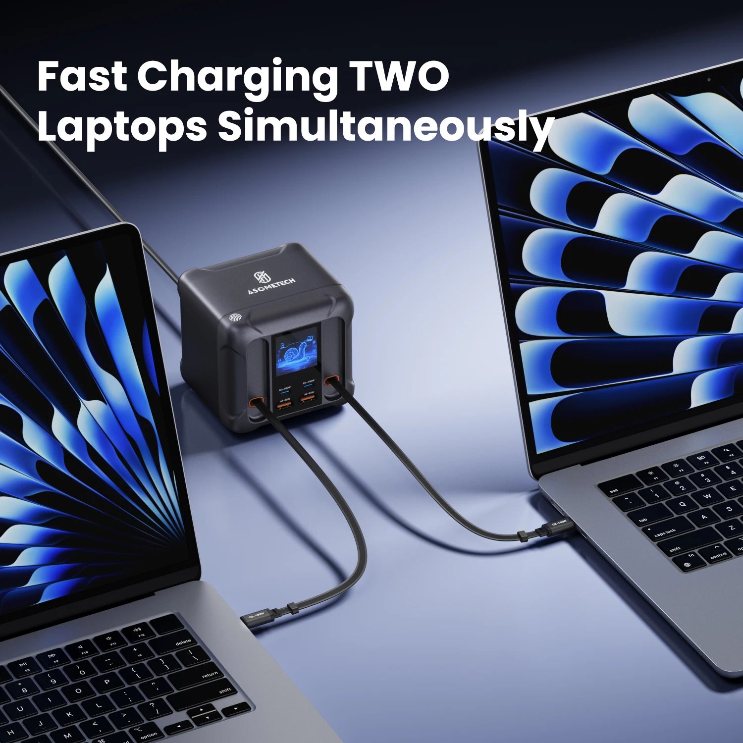 ASOMETECH 300W GaN USB Charger LED Display Retractable Type C Cable 100W 65W PD3.0 PPS Fast Charger Station For Macbook Samsung