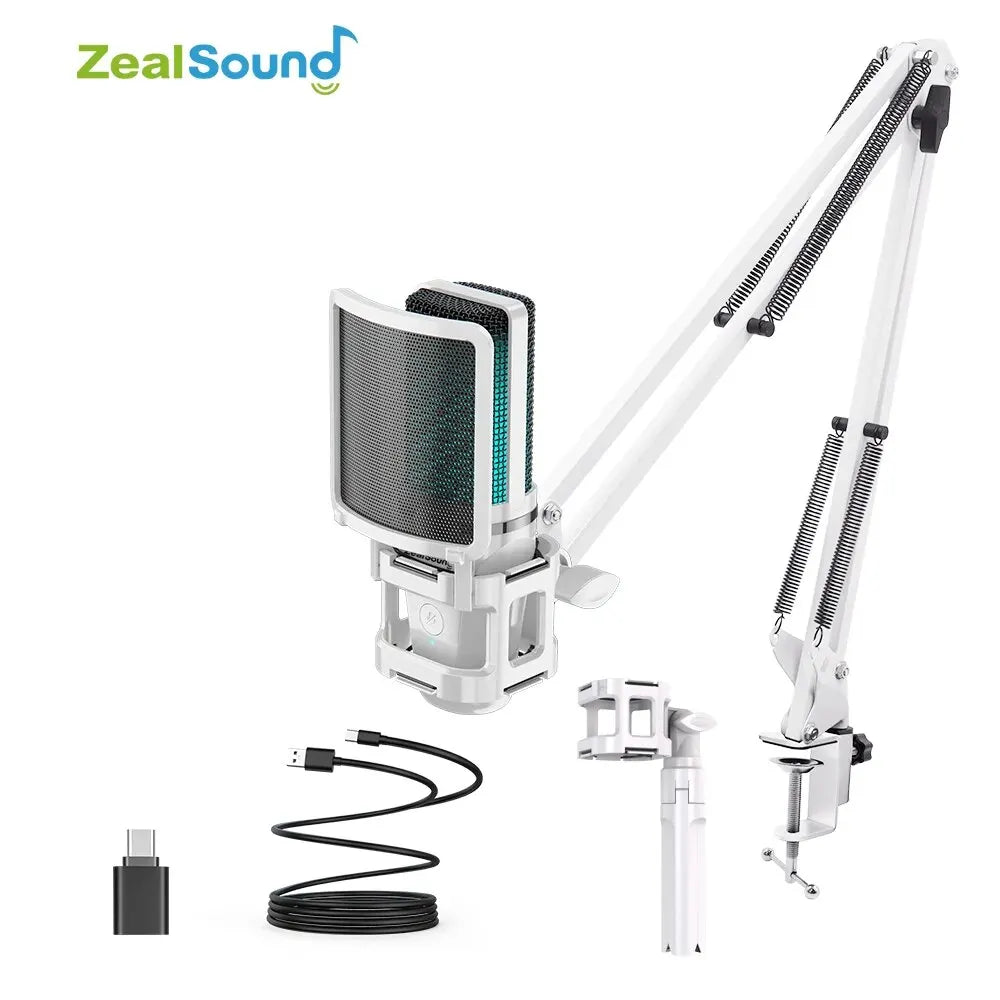Zealsound RGB USB Gaming Microphone with Articulated Arm, White Computer Condenser Mic For PC/Mac, Recording Podcasting Streaming - WinSupport Tech