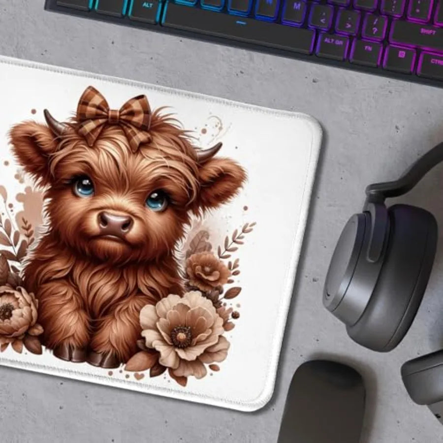Floral Brown Highland Cow Mouse Pad, Cute Western Baby Highland Cow Heifer Mouse Pads Mousepad for Work Gaming Computers Laptop