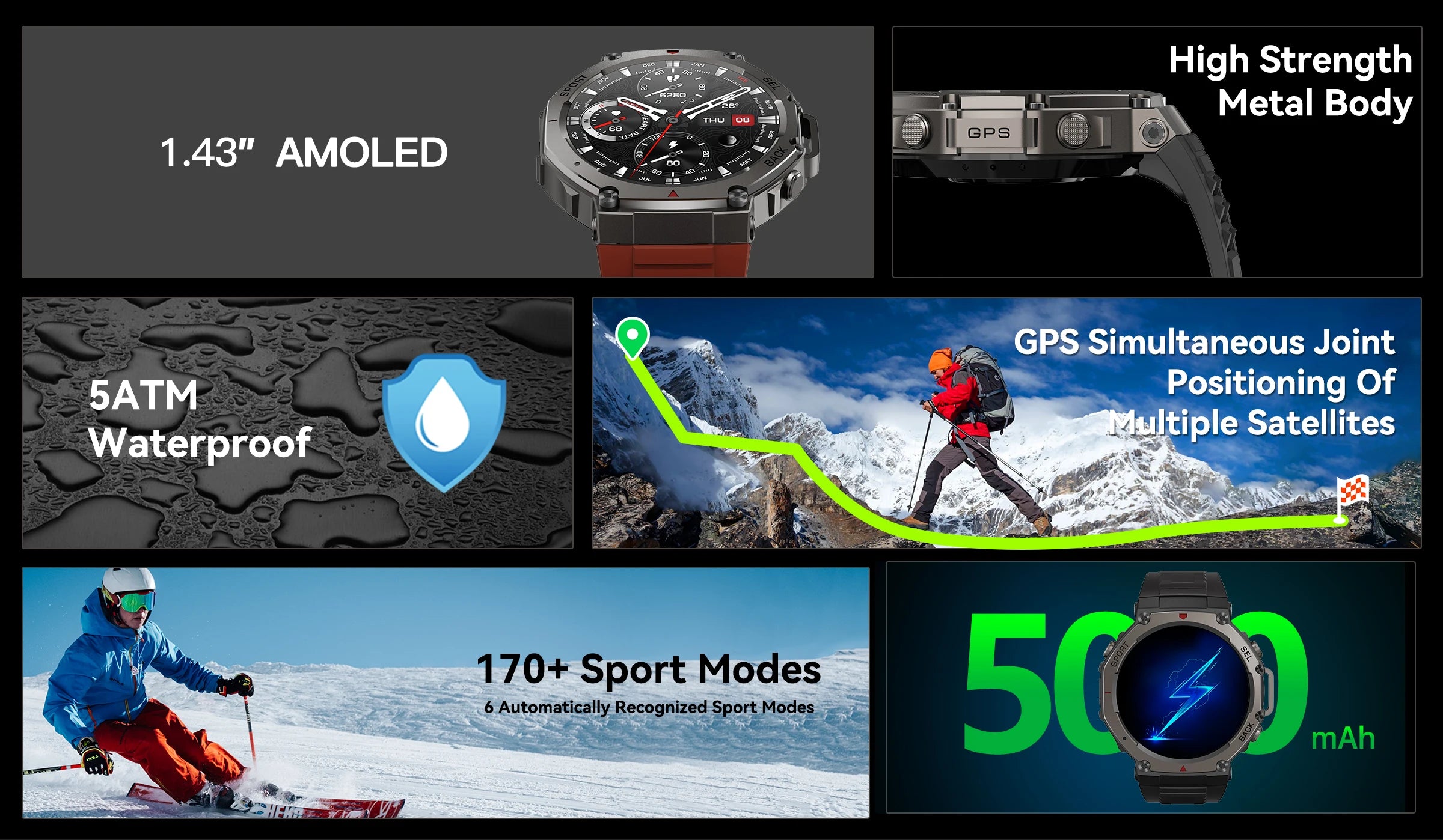 New Rugged GPS DM58 Smart Watch 500mAh Battery 170 Sport Modes 5ATM Waterproof Bt Call AMOLED Display Fitness Outdoor