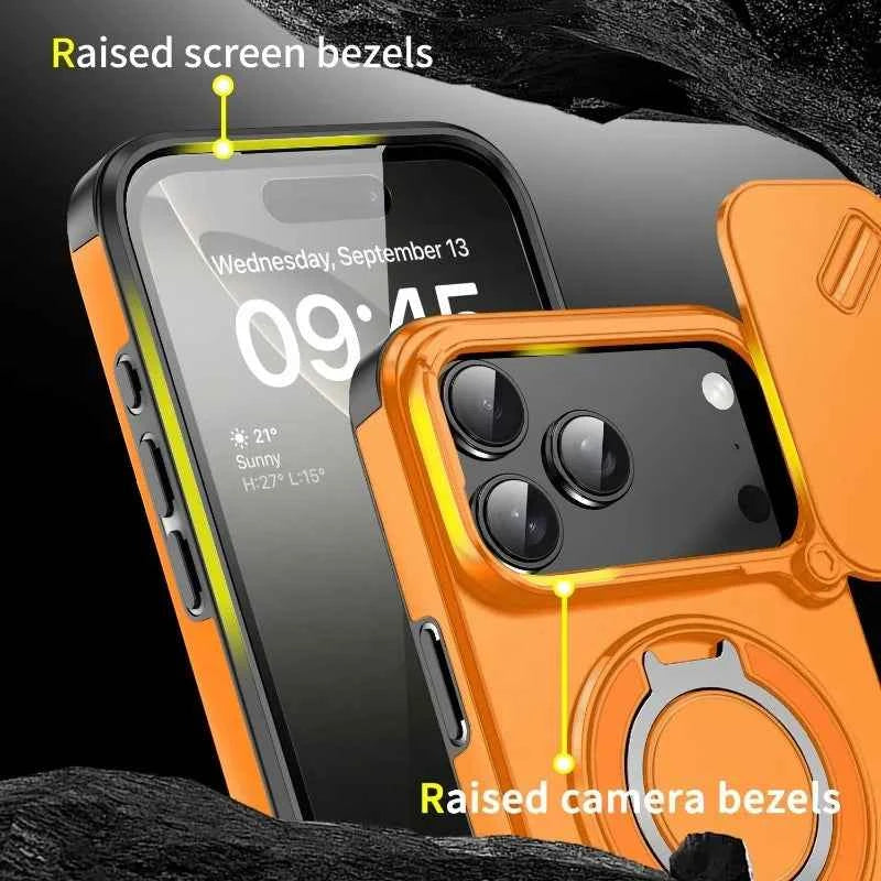 Luxury Heavy Duty Rugged Armor Magnetic Bracket Case For iPhone 17Air 16 15 14 17 Pro Max Plus Slide Camera Protection PC Cover