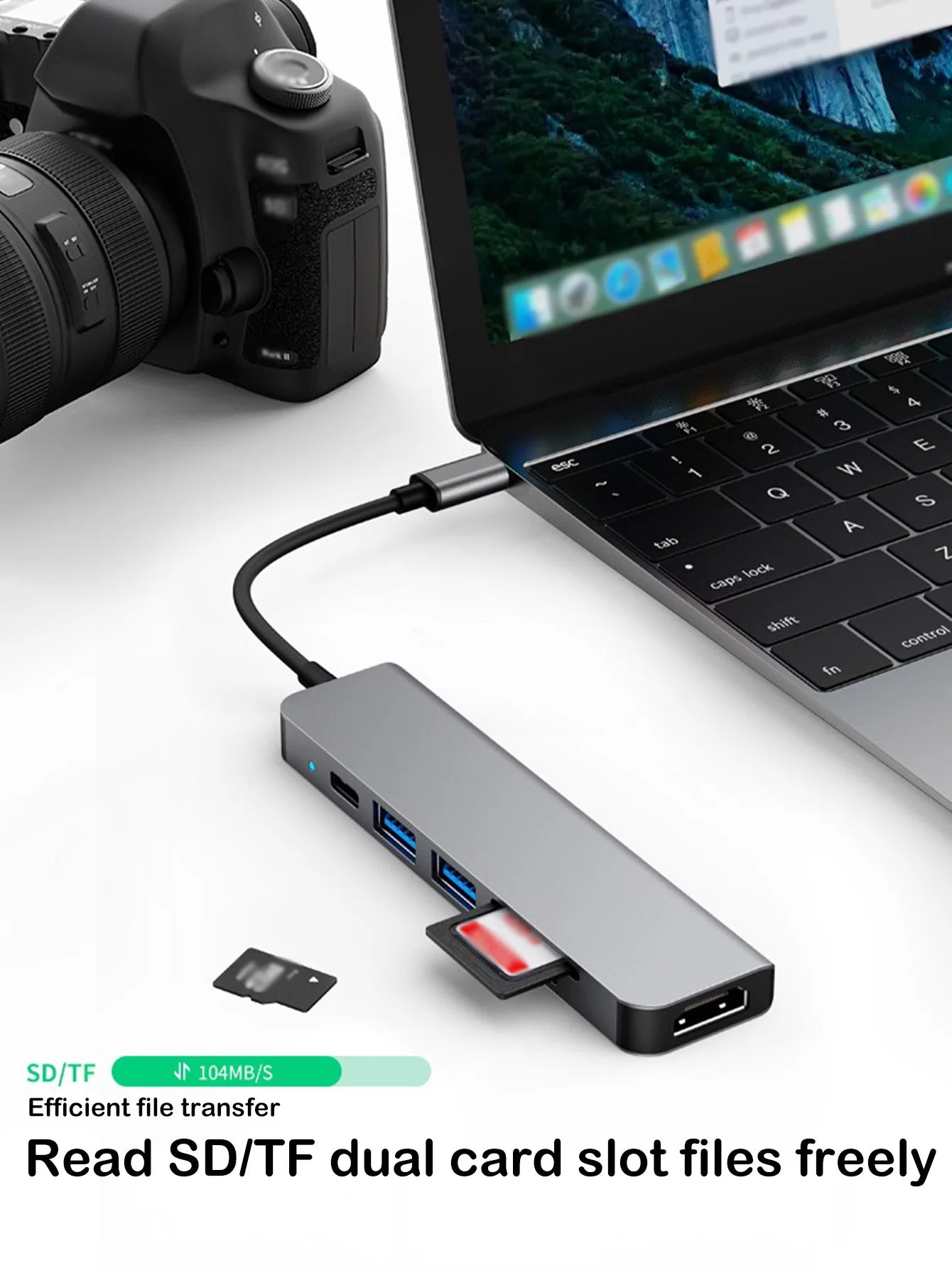 6 in 1 Type-C Docking Station, Support 100W PD Fast Charge, SD/TF Card Dual Card Slot, Portable Multi-Function Docking Station