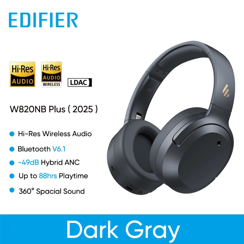 Edifier W820NB Plus(2025 Ver.) ANC Wireless Headphone Over-ear Headset -49dB Noise Canelling  Bluetooth 6.1 Hi-Res Audio