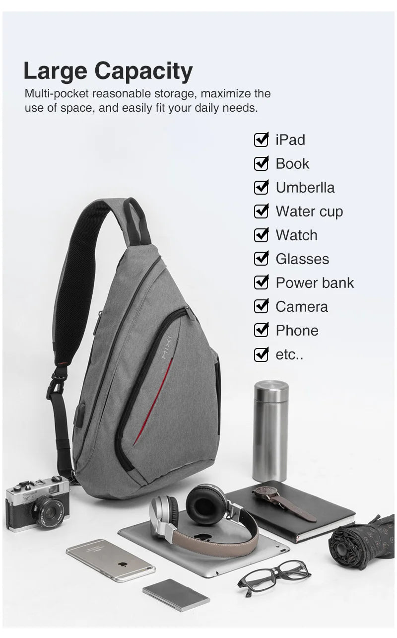 Mixi One Shoulder Backpack Crossbody Sling Bag – USB Charging Sports Travel Bag for Men & Women, Lightweight Cycling & School Backpack