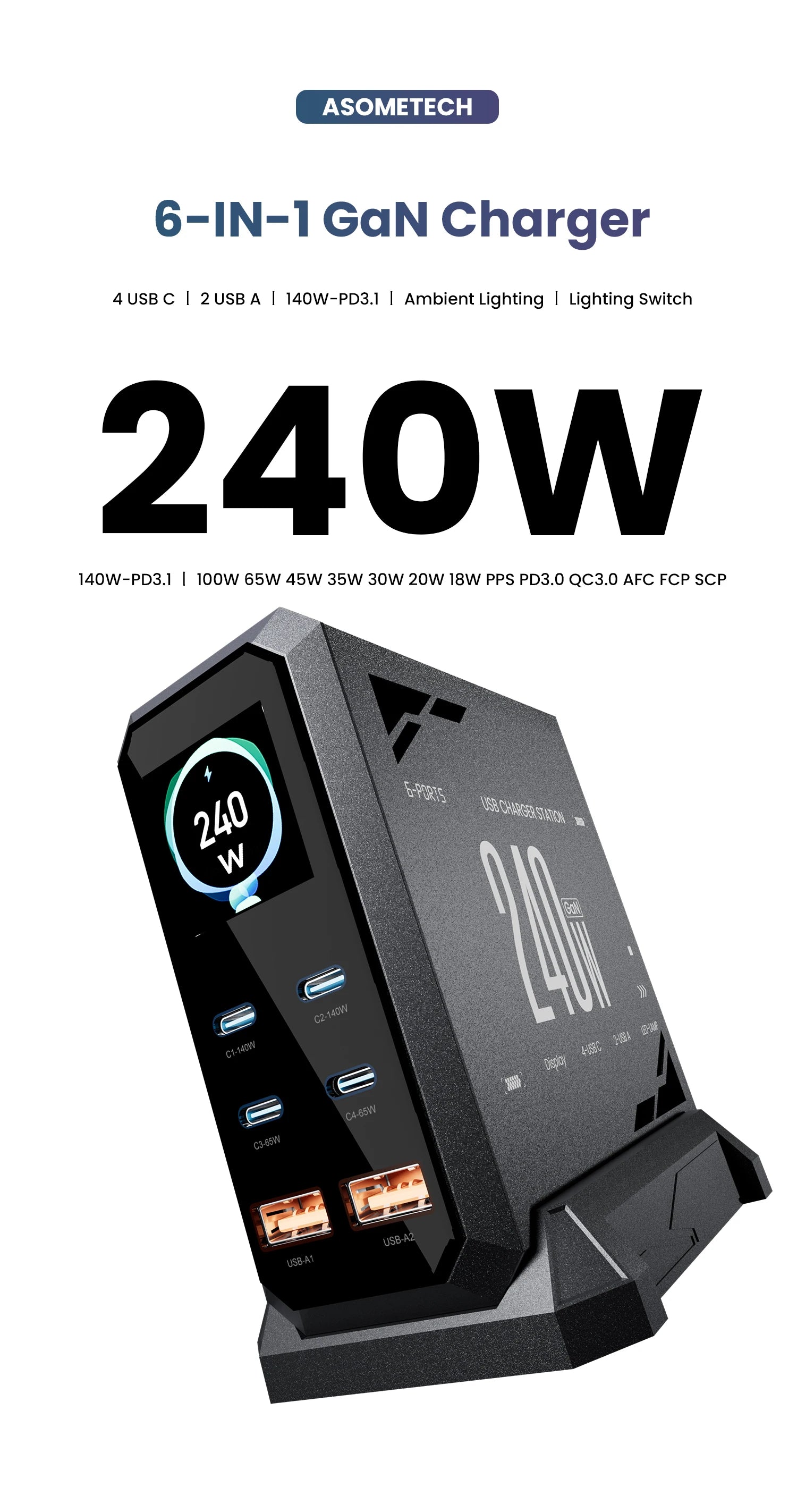 ASOMETECH 240W GaN Charger 140W PD3.1 PPS USB Type C Digital Display Fast Charging Station for iPhone 17 MacBook Laptops Samsung