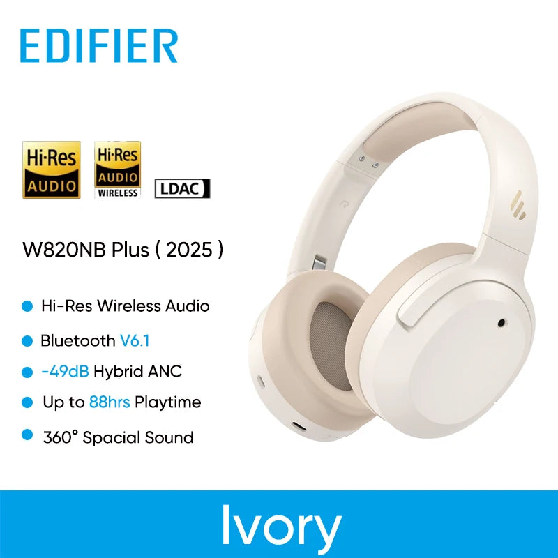 Edifier W820NB Plus(2025 Ver.) ANC Wireless Headphone Over-ear Headset -49dB Noise Canelling  Bluetooth 6.1 Hi-Res Audio