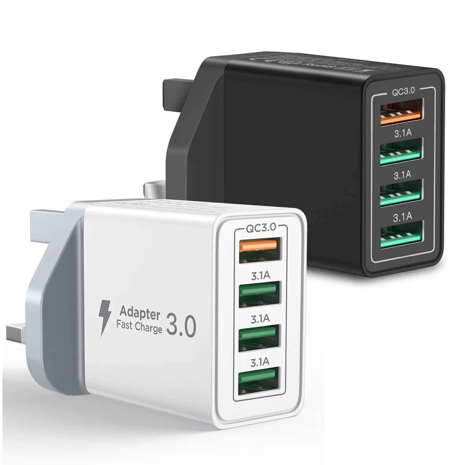 UK Plug 4-Port USB-A Wall Charger Block, 33W QC3.0 Fast Charging Adapter Phone Chargers Blocks For iPhone Huawei Xiaomi