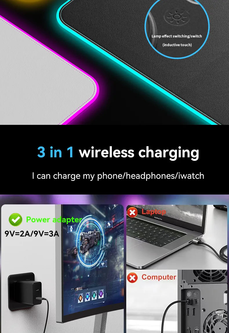 15W 3 in 1 Wireless Charging Mouse Pad Customized Desk Pad Fantasy Glowing Game Pad Rubber Cloth Mouse Pad Super Large Mat