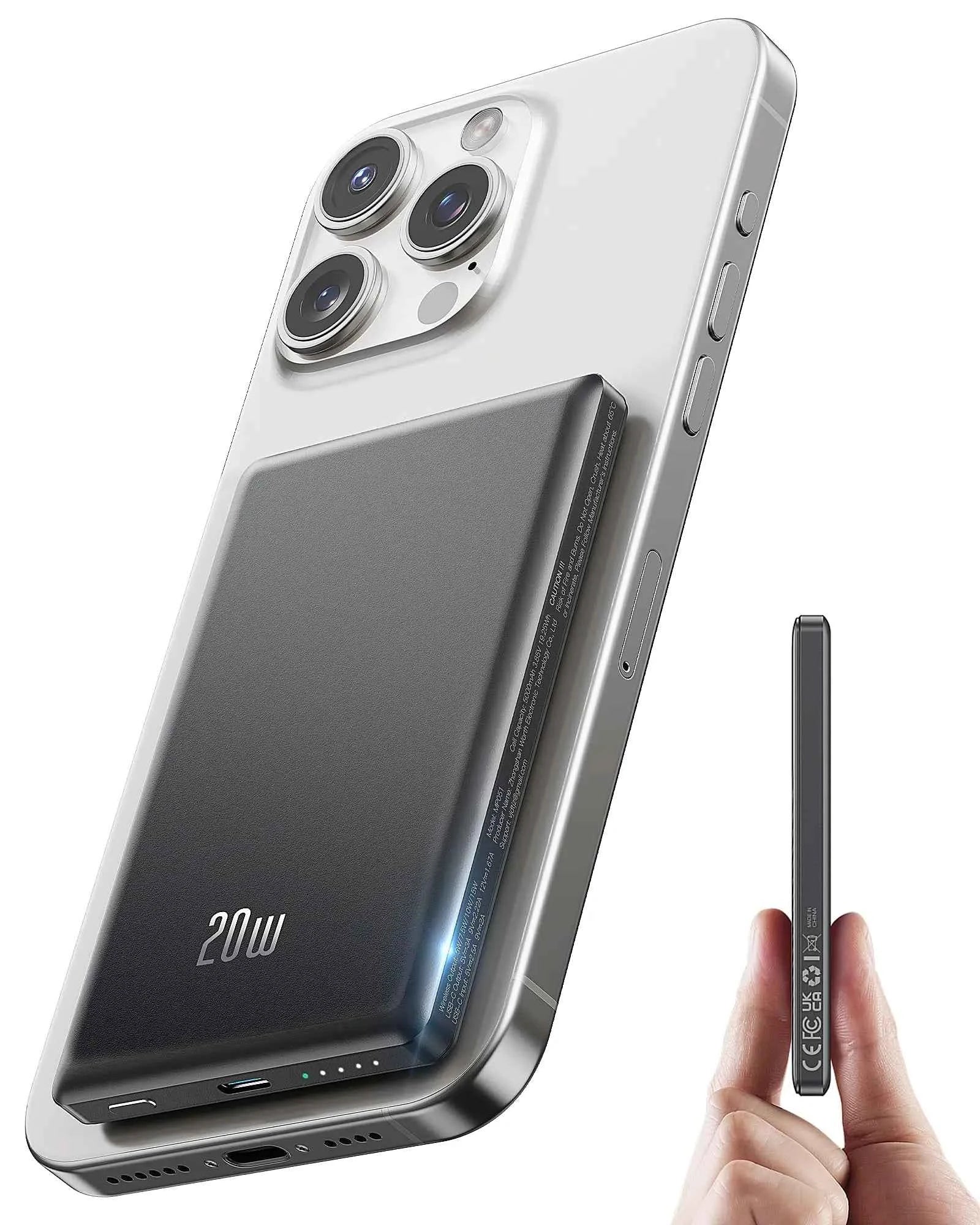 5000mAh Magnetic Power Bank, Wireless & 20W Fast Charger, for iPhone, Samsung (Type-C), Travel Portable Phone Battery Pack.
